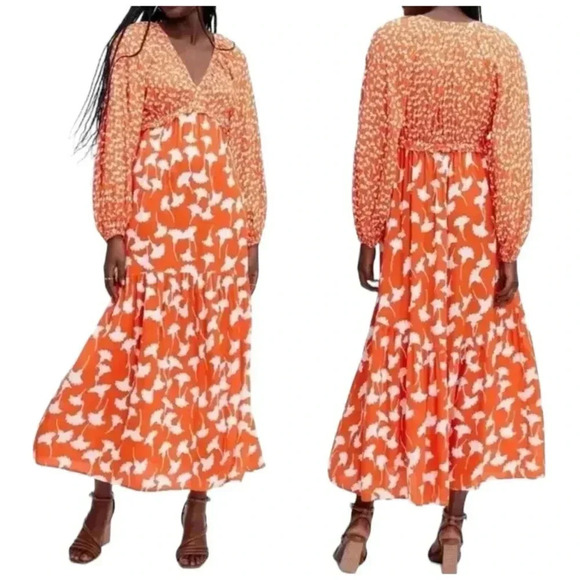 Diane von Furstenberg Ginkgo Print Maxi Dress sz XS Orange & White Long sleeve - Picture 1 of 9